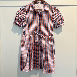 Plaid Gingham Shirt Dress Women Medium Red Blue Puff Sleeve Game Day Button Down